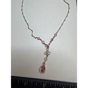 1928 Jewelry Silver Tone Pink Rhinestone Bow Y-Drop Necklace Teardrop Pendant